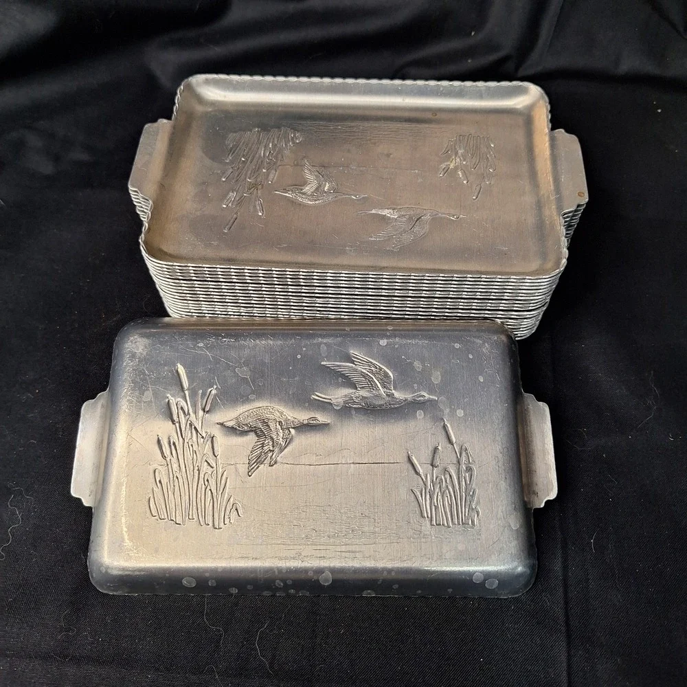 Vintage Aluminum Duck Mallard Flying Marsh Tip Trays Set of 20 Scalloped‎ Edge